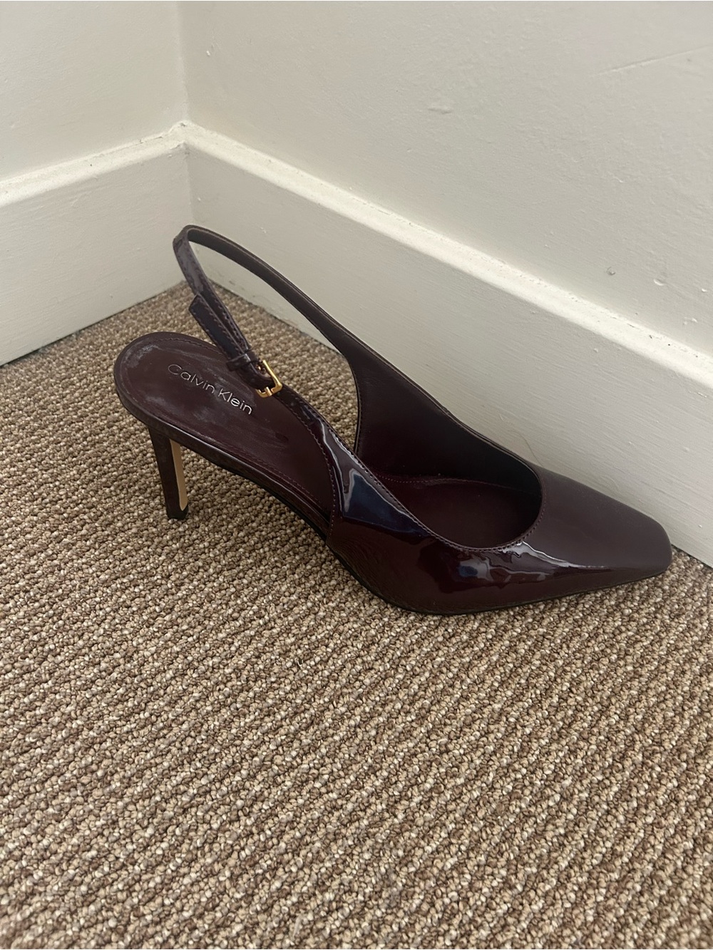 Calvin Klein Women's Burgundy Patent Slingback Pump with Gold Buckle